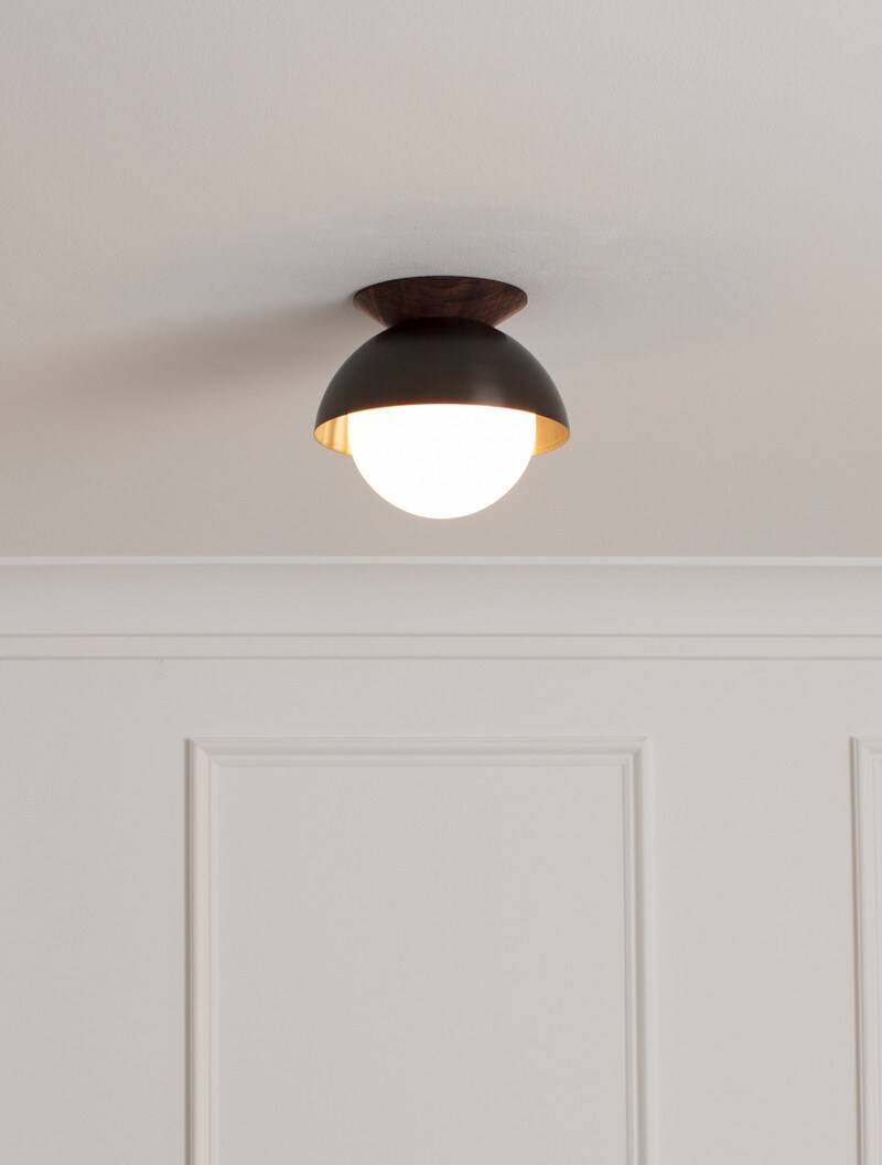 Flush Dome 08" shown in Blackened Brass, Black Walnut, Opal Globe